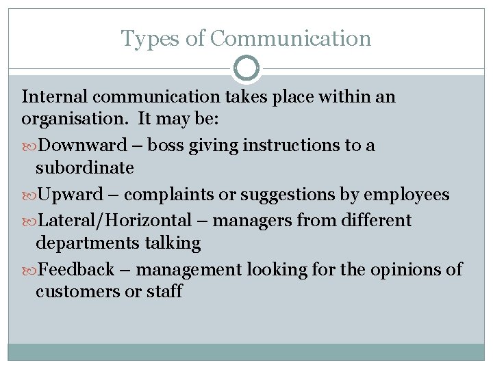 Types of Communication Internal communication takes place within an organisation. It may be: Downward