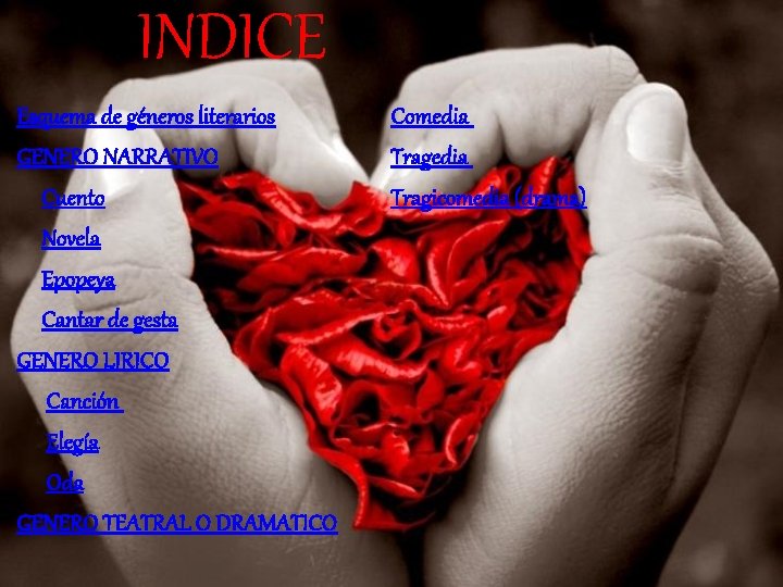 INDICE Esquema de géneros literarios GENERO NARRATIVO Cuento Novela Epopeya Cantar de gesta GENERO INDICE Esquema de géneros literarios GENERO NARRATIVO Cuento Novela Epopeya Cantar de gesta GENERO