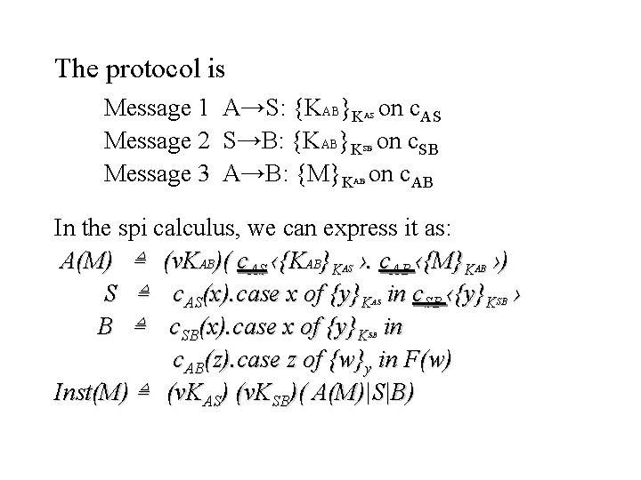 The protocol is Message 1 A→S: {KAB}K on c. AS Message 2 S→B: {KAB}K