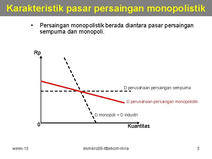 Karakteristik pasar persaingan monopolistik • Persaingan monopolistik berada diantara pasar persaingan sempurna dan monopoli. Karakteristik pasar persaingan monopolistik • Persaingan monopolistik berada diantara pasar persaingan sempurna dan monopoli.