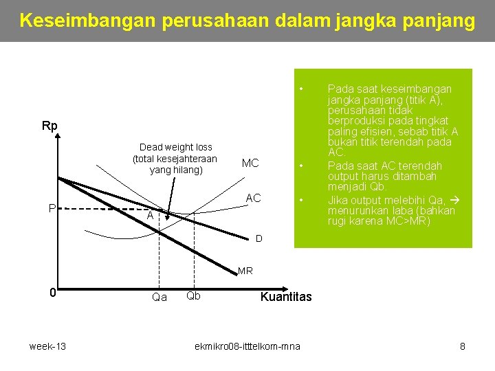 Keseimbangan perusahaan dalam jangka panjang • Rp Dead weight loss (total kesejahteraan yang hilang) Keseimbangan perusahaan dalam jangka panjang • Rp Dead weight loss (total kesejahteraan yang hilang)