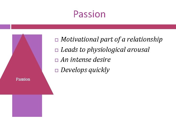 Passion Passion Motivational part of a relationship Leads to physiological arousal An intense desire