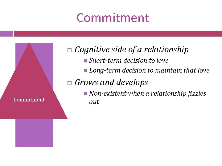 Commitment Cognitive side of a relationship Short-term decision to love Long-term decision to maintain