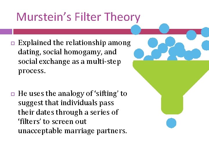 Murstein’s Filter Theory Explained the relationship among dating, social homogamy, and social exchange as