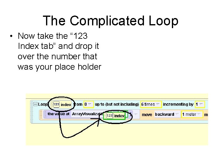 The Complicated Loop • Now take the “ 123 Index tab” and drop it