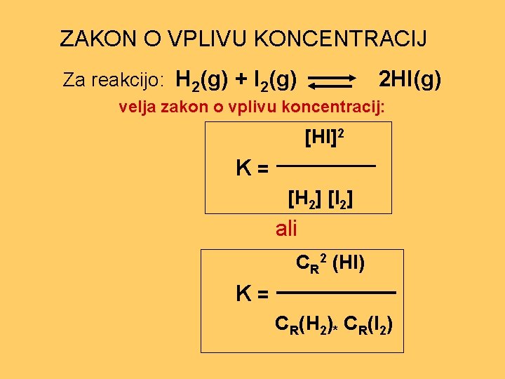 ZAKON O VPLIVU KONCENTRACIJ Za reakcijo: H 2(g) + I 2(g) 2 HI(g) velja