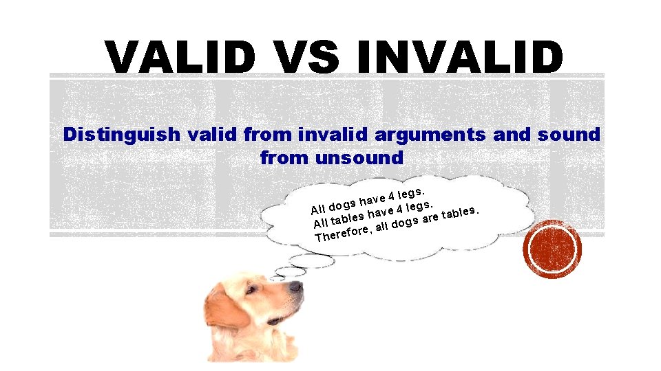 VALID VS INVALID Distinguish valid from invalid arguments and sound from unsound gs. e