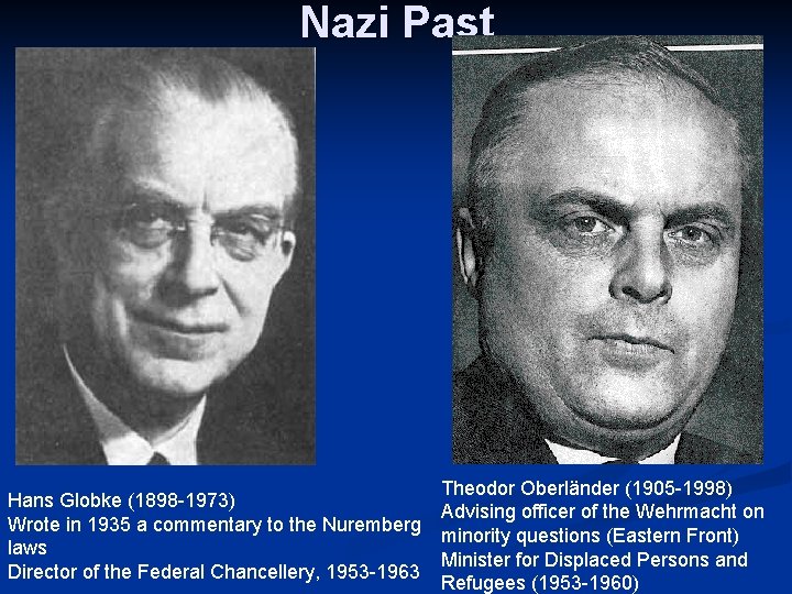 Nazi Past Theodor Oberländer (1905 -1998) Hans Globke (1898 -1973) Advising officer of the