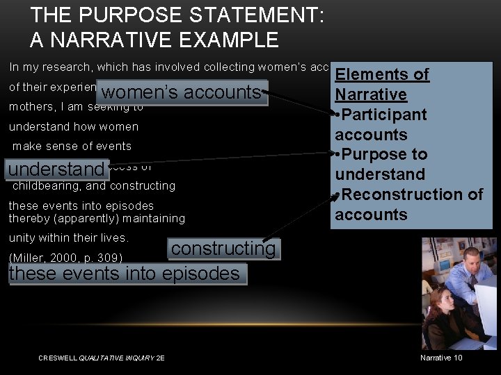 THE PURPOSE STATEMENT: A NARRATIVE EXAMPLE In my research, which has involved collecting women’s