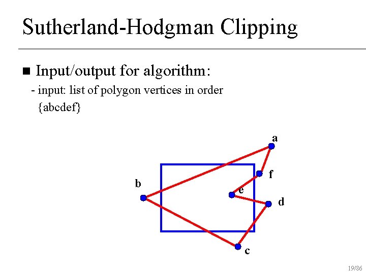 Sutherland-Hodgman Clipping n Input/output for algorithm: - input: list of polygon vertices in order