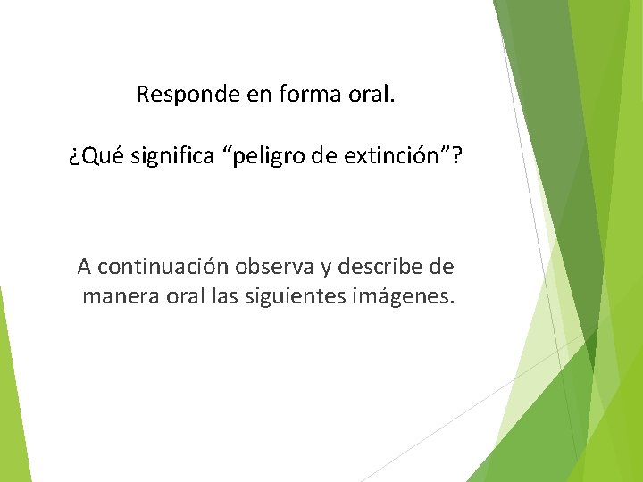 Responde en forma oral. ¿Qué significa “peligro de extinción”? A continuación observa y describe
