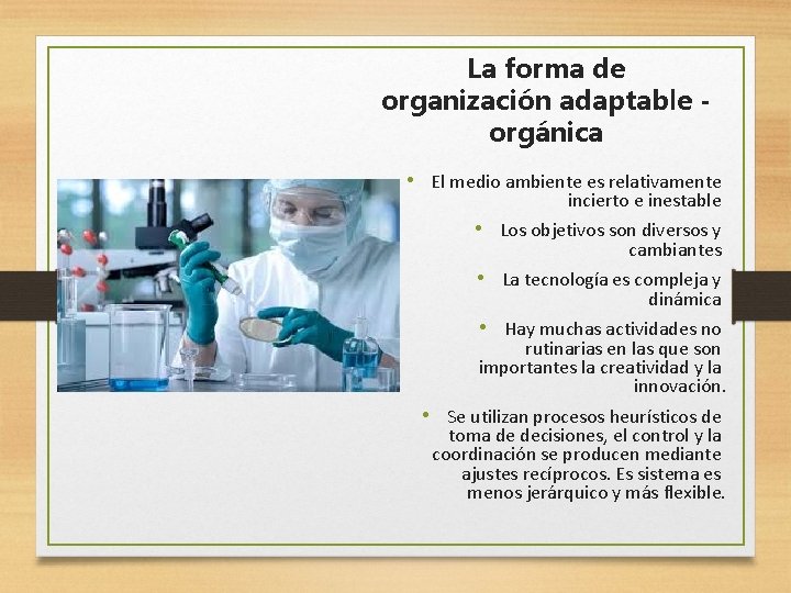 La forma de organización adaptable orgánica • El medio ambiente es relativamente incierto e