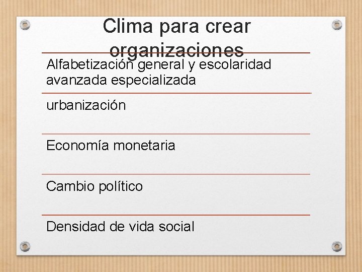 Clima para crear organizaciones Alfabetización general y escolaridad avanzada especializada urbanización Economía monetaria Cambio