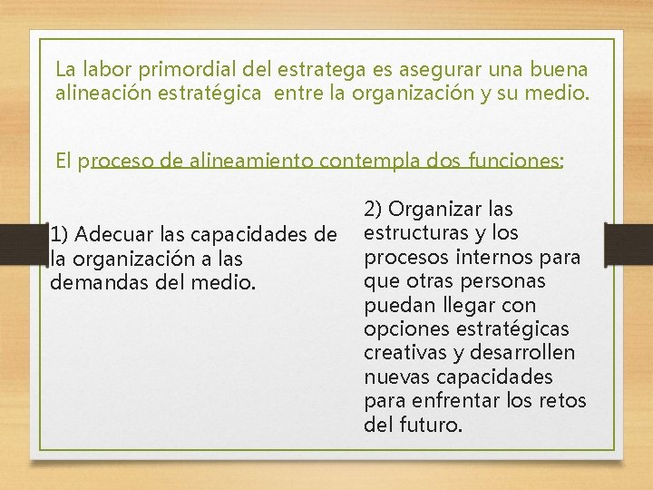 La labor primordial del estratega es asegurar una buena alineación estratégica entre la organización