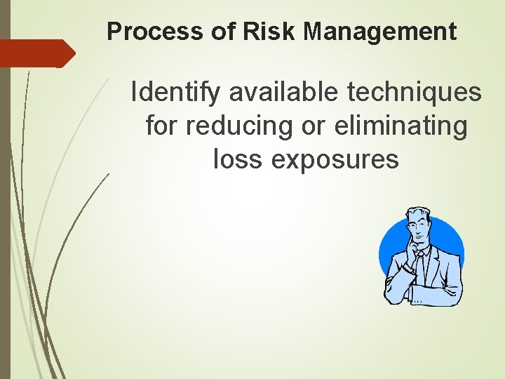 Process of Risk Management Identify available techniques for reducing or eliminating loss exposures Process of Risk Management Identify available techniques for reducing or eliminating loss exposures