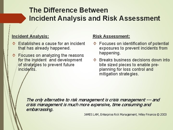The Difference Between Incident Analysis and Risk Assessment Incident Analysis: Risk Assessment: Establishes a The Difference Between Incident Analysis and Risk Assessment Incident Analysis: Risk Assessment: Establishes a