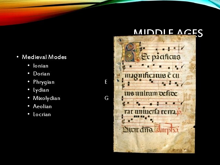 MIDDLE AGES • Medieval Modes • • Ionian Dorian Phrygian Lydian Mixolydian Aeolian Locrian