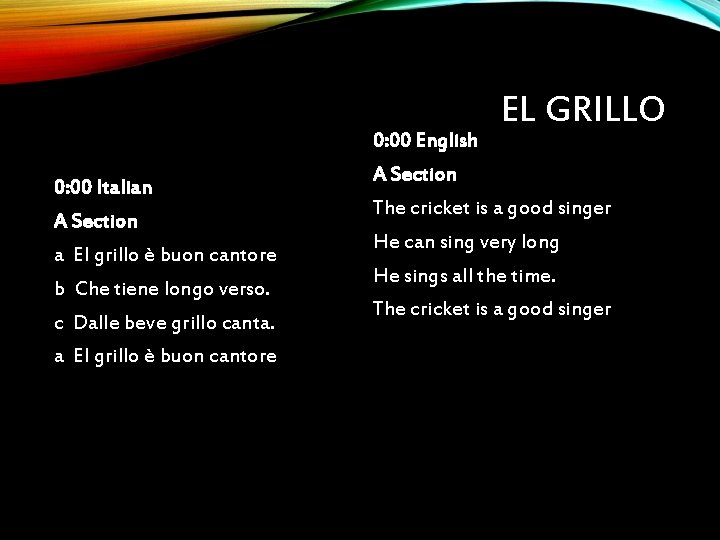 0: 00 English 0: 00 Italian A Section a El grillo è buon cantore