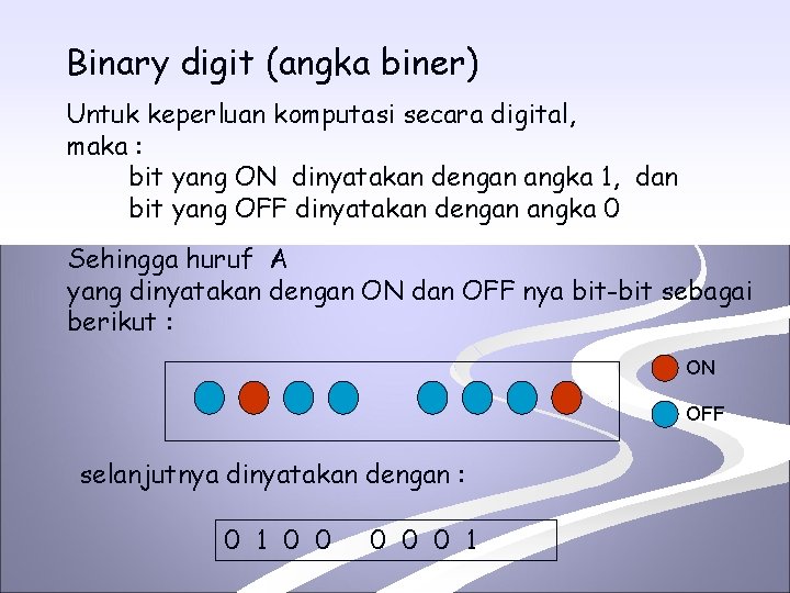 Binary digit (angka biner) Untuk keperluan komputasi secara digital, maka : bit yang ON