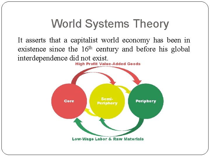 World Systems Theory It asserts that a capitalist world economy has been in existence