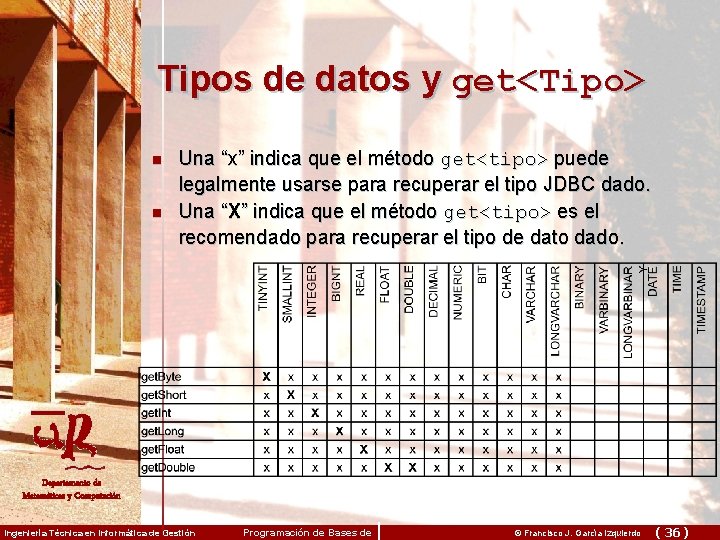 Tipos de datos y get<Tipo> n n Una “x” indica que el método get<tipo>