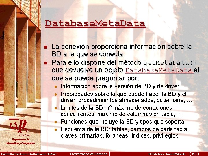 Database. Meta. Data n n La conexión proporciona información sobre la BD a la