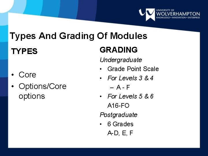 Types And Grading Of Modules TYPES • Core • Options/Core options GRADING Undergraduate •
