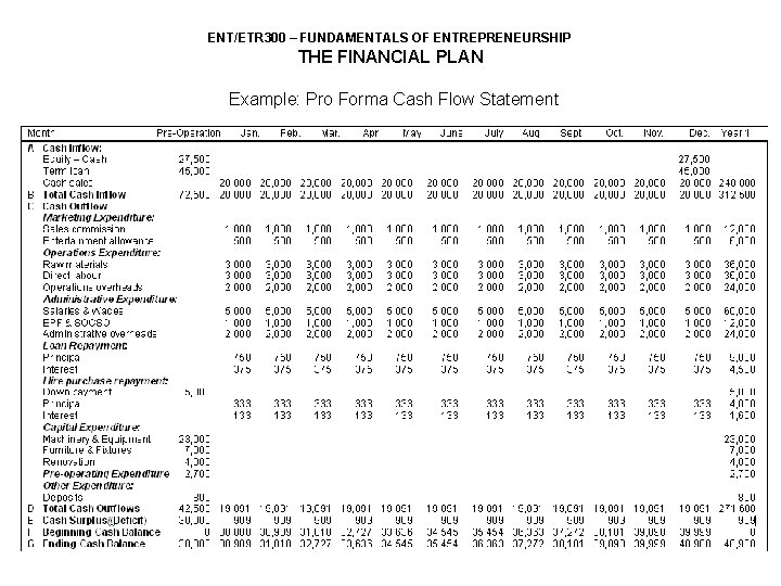 ENT/ETR 300 – FUNDAMENTALS OF ENTREPRENEURSHIP THE FINANCIAL PLAN Example: Pro Forma Cash Flow