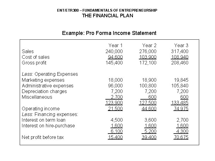 ENT/ETR 300 – FUNDAMENTALS OF ENTREPRENEURSHIP THE FINANCIAL PLAN Example: Pro Forma Income Statement