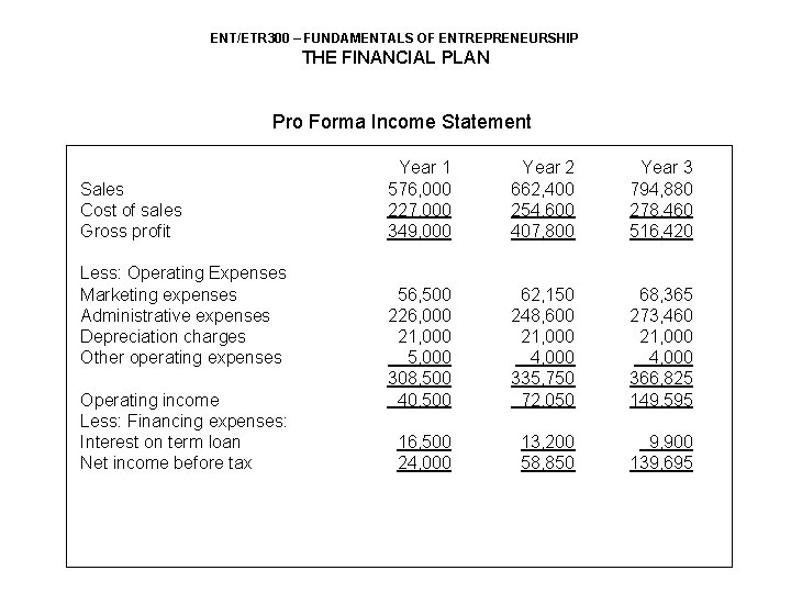 ENT/ETR 300 – FUNDAMENTALS OF ENTREPRENEURSHIP THE FINANCIAL PLAN Pro Forma Income Statement Sales