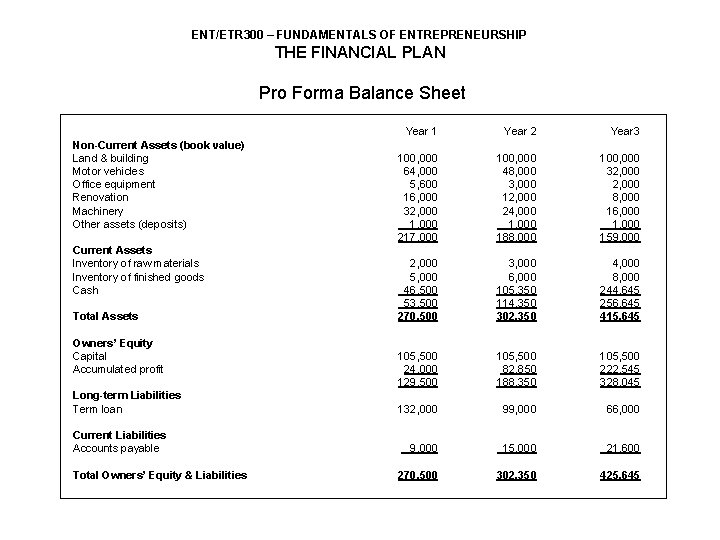 ENT/ETR 300 – FUNDAMENTALS OF ENTREPRENEURSHIP THE FINANCIAL PLAN Pro Forma Balance Sheet Non-Current