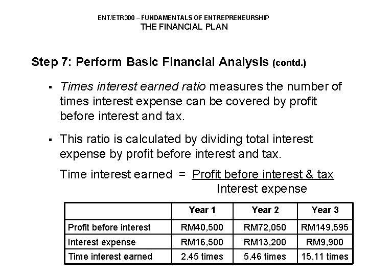 ENT/ETR 300 – FUNDAMENTALS OF ENTREPRENEURSHIP THE FINANCIAL PLAN Step 7: Perform Basic Financial