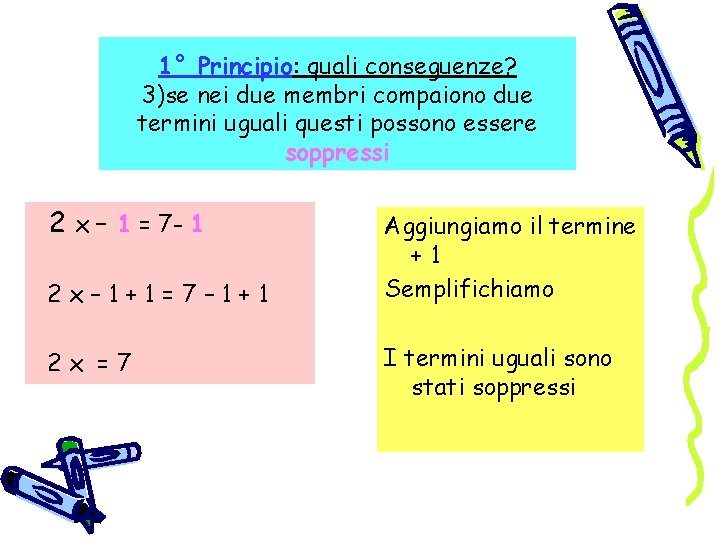 1° Principio: quali conseguenze? 3)se nei due membri compaiono due termini uguali questi possono