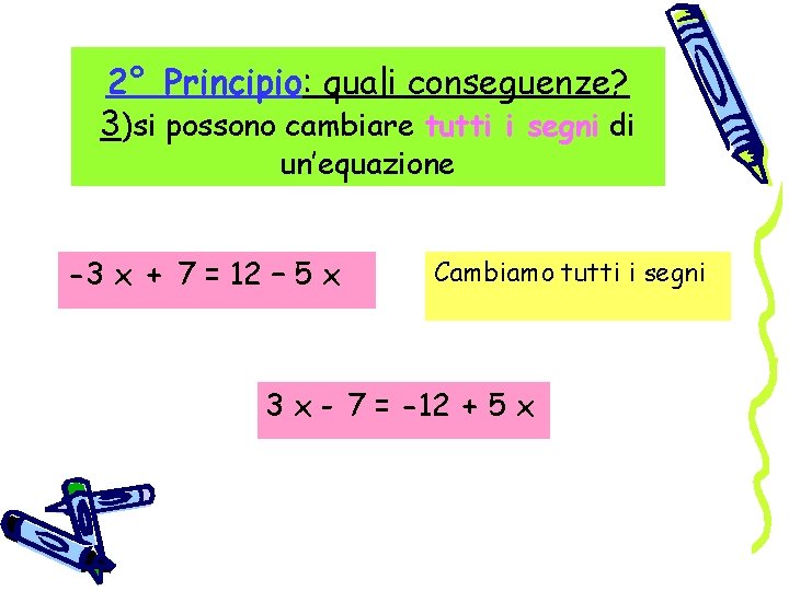 2° Principio: quali conseguenze? 3)si possono cambiare tutti i segni di un’equazione -3 x