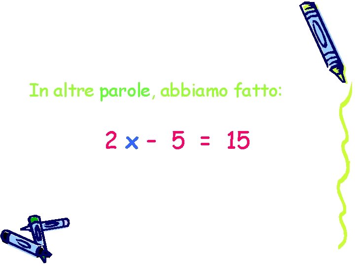 In altre parole, abbiamo fatto: 2 x – 5 = 15 