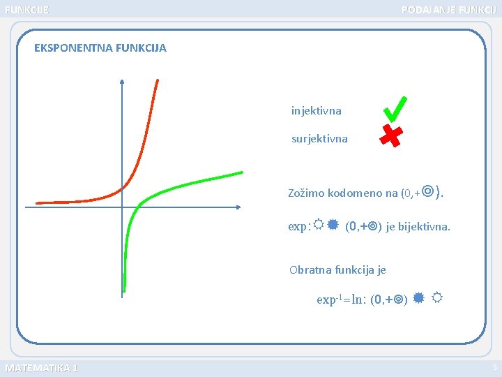 FUNKCIJE PODAJANJE FUNKCIJ EKSPONENTNA FUNKCIJA injektivna surjektivna Zožimo kodomeno na (0, + ). exp: