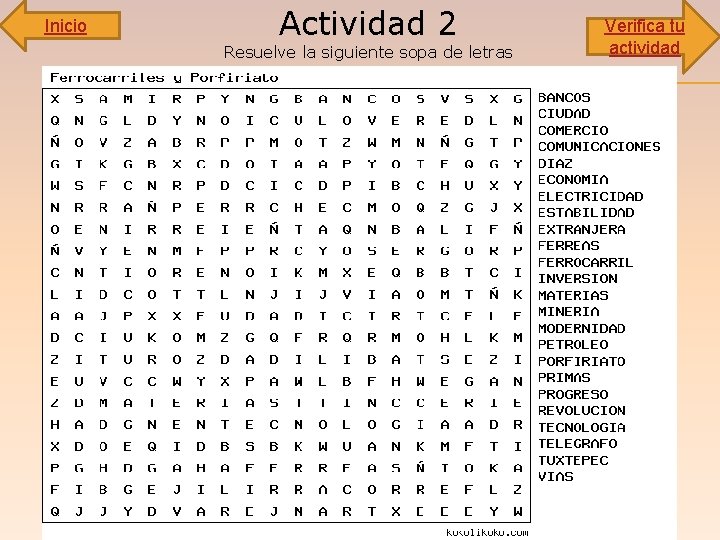 Inicio Actividad 2 Resuelve la siguiente sopa de letras Verifica tu actividad 