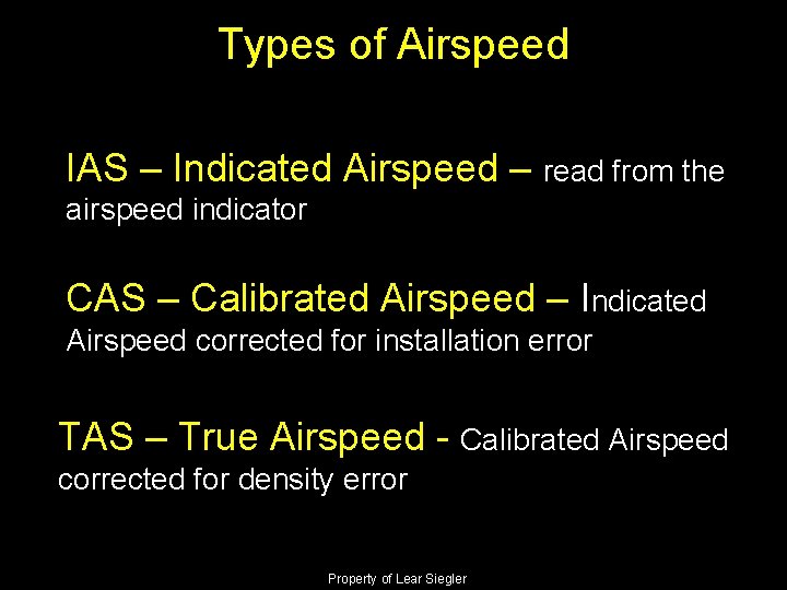 Types of Airspeed IAS – Indicated Airspeed – read from the airspeed indicator CAS