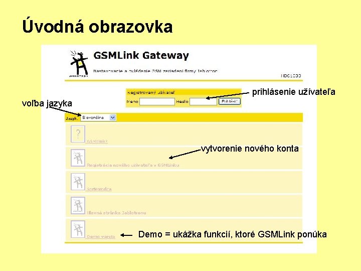 Úvodná obrazovka prihlásenie užívateľa voľba jazyka vytvorenie nového konta Demo = ukážka funkcií, ktoré