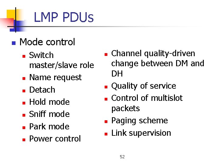 LMP PDUs n Mode control n n n n Switch master/slave role Name request