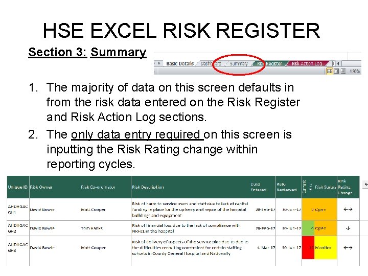 HSE EXCEL RISK REGISTER Section 3: Summary 1. The majority of data on this