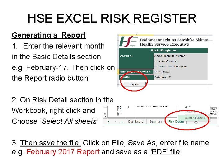 HSE EXCEL RISK REGISTER Generating a Report 1. Enter the relevant month in the