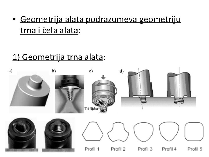  • Geometrija alata podrazumeva geometriju trna i čela alata: 1) Geometrija trna alata: