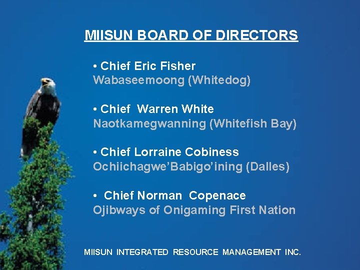 MIISUN BOARD OF DIRECTORS • Chief Eric Fisher Wabaseemoong (Whitedog) • Chief Warren White