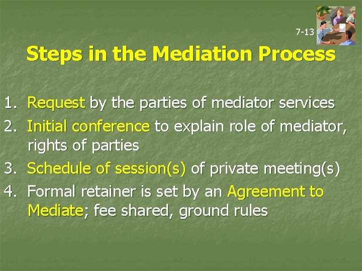 7 -13 Steps in the Mediation Process 1. Request by the parties of mediator