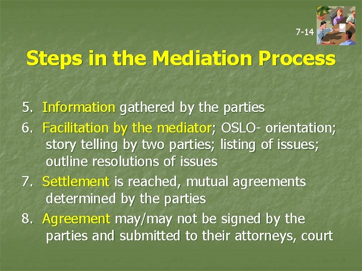 7 -14 Steps in the Mediation Process 5. 6. Information gathered by the parties