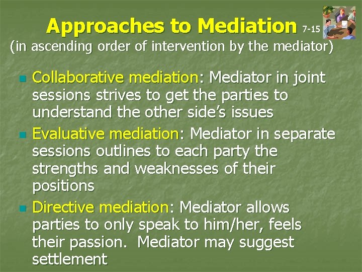 Approaches to Mediation 7 -15 (in ascending order of intervention by the mediator) n