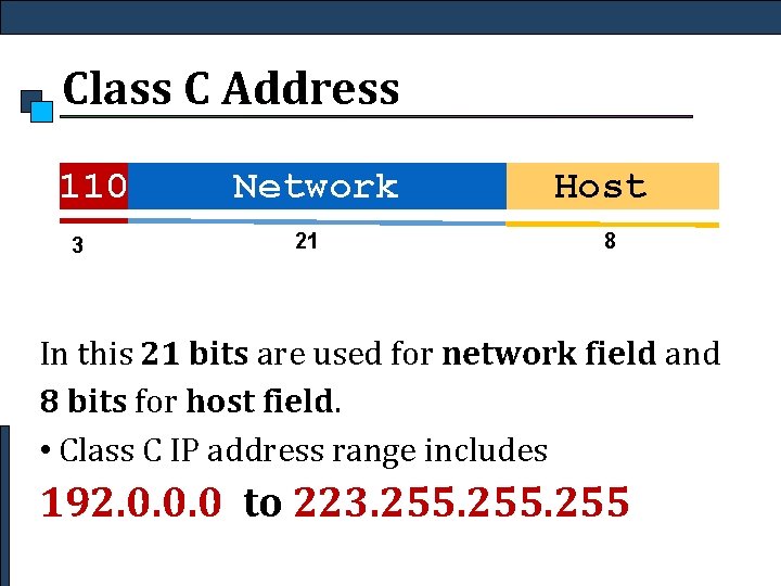 Class C Address 110 3 Network 21 Host 8 In this 21 bits are