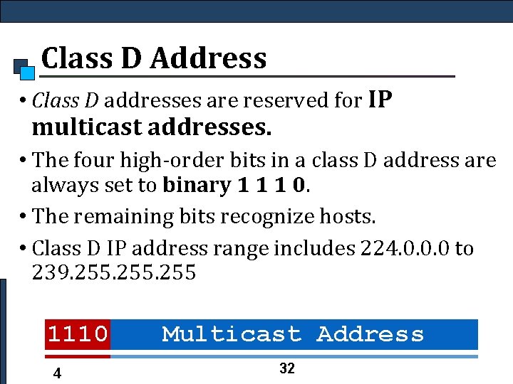 Class D Address • Class D addresses are reserved for IP multicast addresses. •