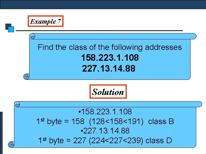 Example 7 Find the class of the following addresses 158. 223. 1. 108 227.